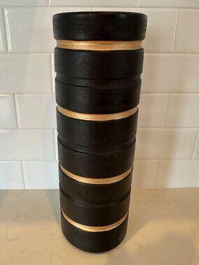 Ribbed Black Noir and Gold Striped Decorative Ceramic Tall Vase 14.4" H